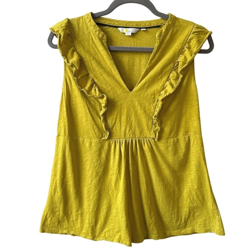 Boden Sleeveless Ruffle Trim Cotton Tunic Top Yellow V-Neck Sz 10 Boho Peasant